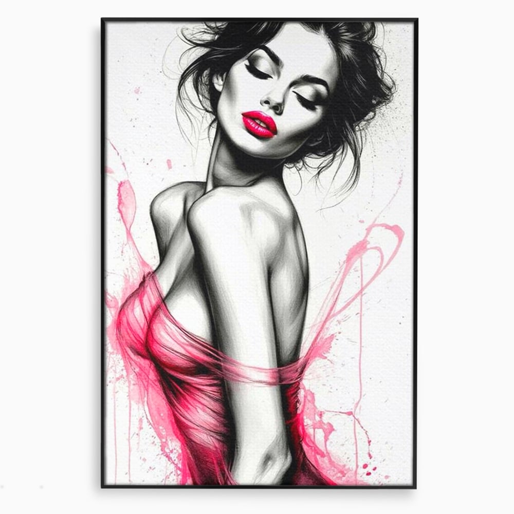 Tablou canvas cu portret schitat de femeie cu buze roz, in rama de aluminiu negru
