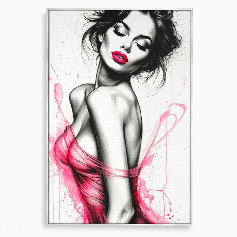 Tablou canvas cu portret schitat de femeie cu buze roz, in rama de aluminiu argintiu