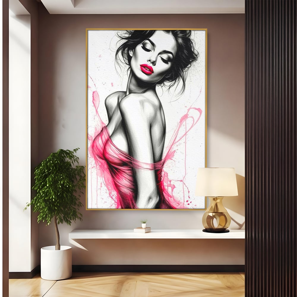 Tablou canvas cu portret schitat de femeie cu buze roz, in rama de aluminiu auriu