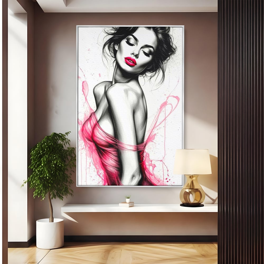 Tablou canvas cu portret schitat de femeie cu buze roz, in rama de aluminiu argintiu