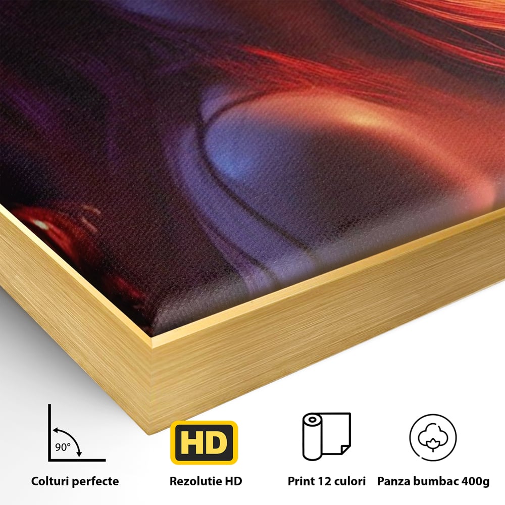 Detaliu al suprafetei: tablou canvas cu femeie si lumina rosie, in rama de aluminiu auriu