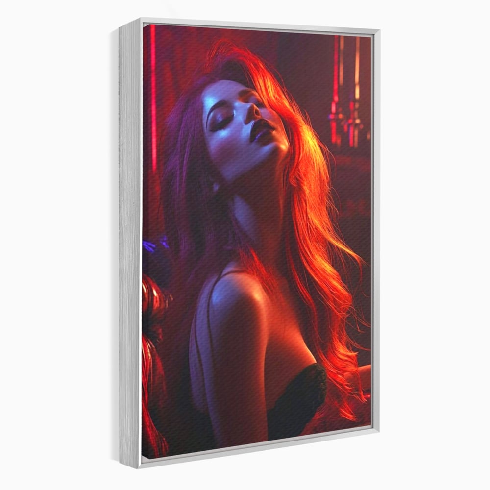 Tablou canvas cu tablou canvas cu femeie si lumina rosie, in rama de aluminiu argintiu