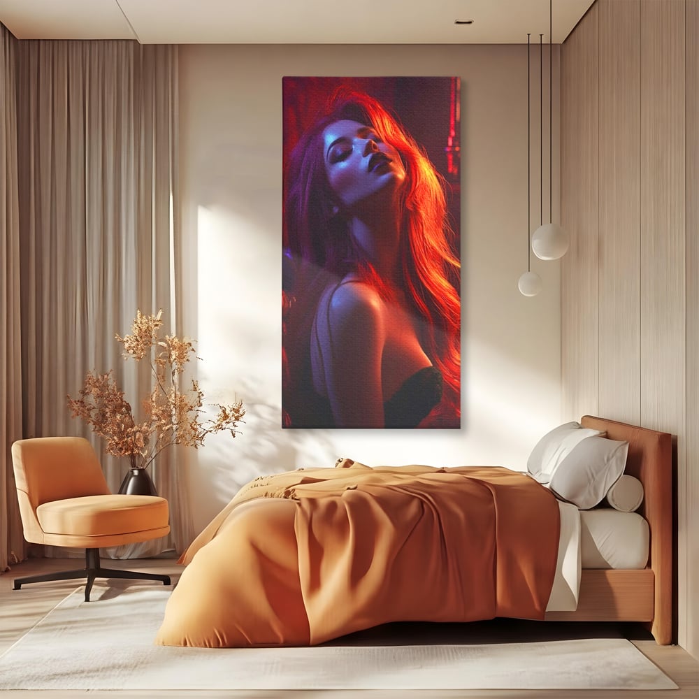 Tablou canvas cu tablou canvas cu femeie si lumina rosie, fara rama, pe sasiu de lemn, pe perete intr-un dormitor