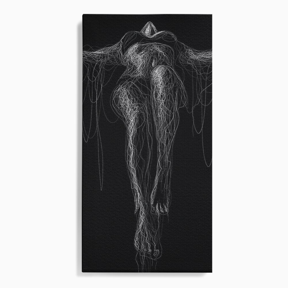 Tablou canvas cu silueta feminina din linii albe pe fond negru, fara rama, pe sasiu de lemn