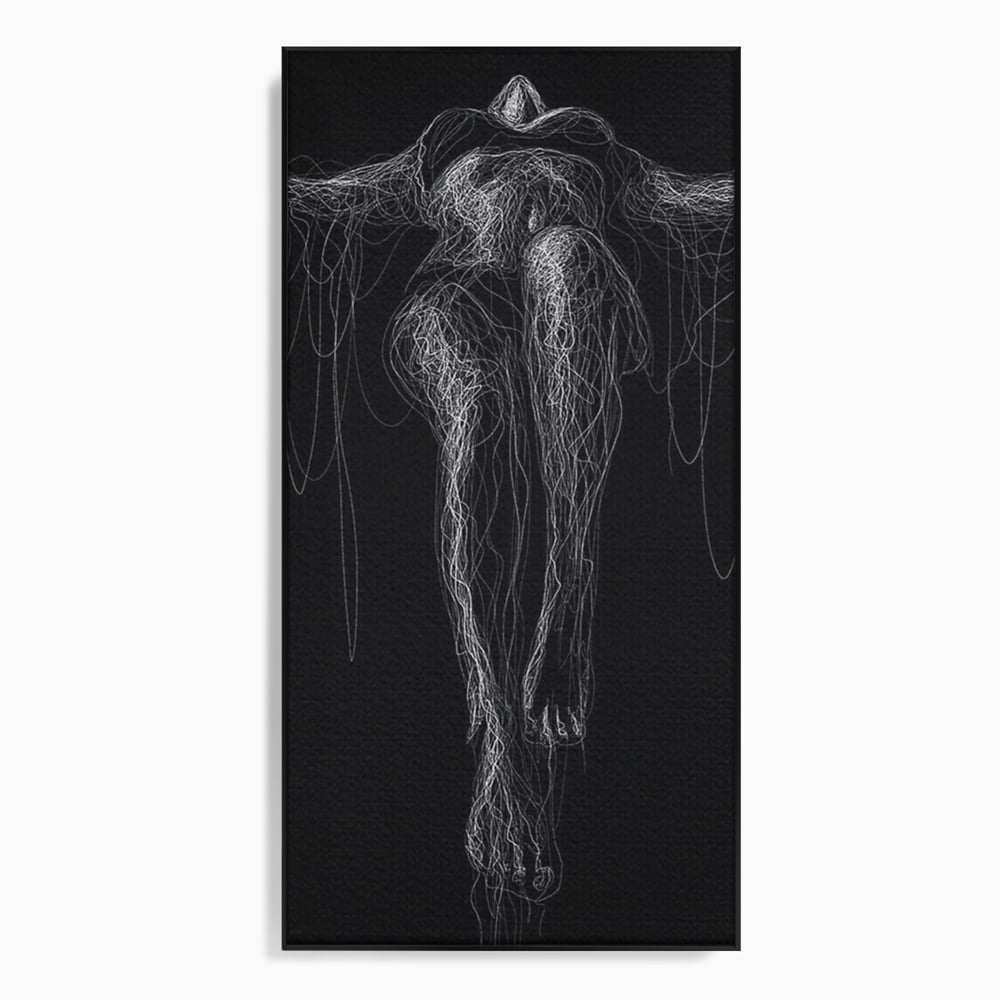 Tablou canvas cu silueta feminina din linii albe pe fond negru, in rama de aluminiu negru