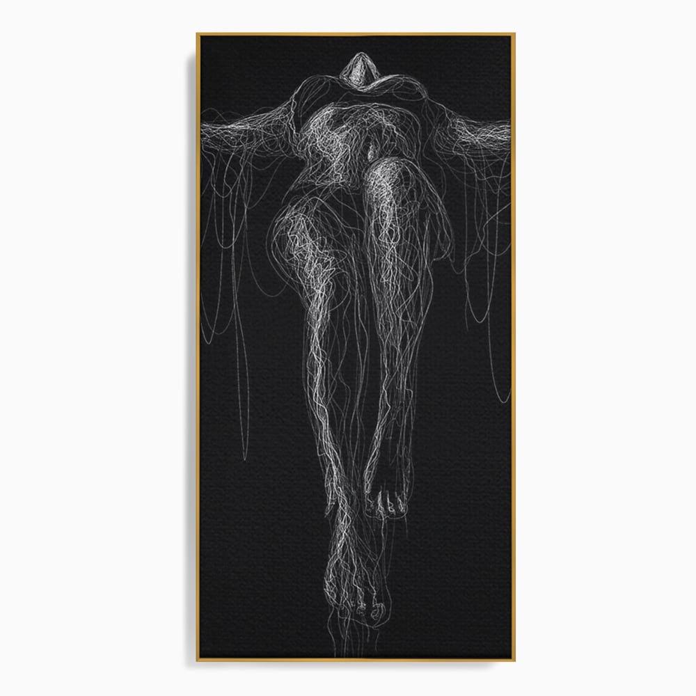 Tablou canvas cu silueta feminina din linii albe pe fond negru, in rama de aluminiu auriu