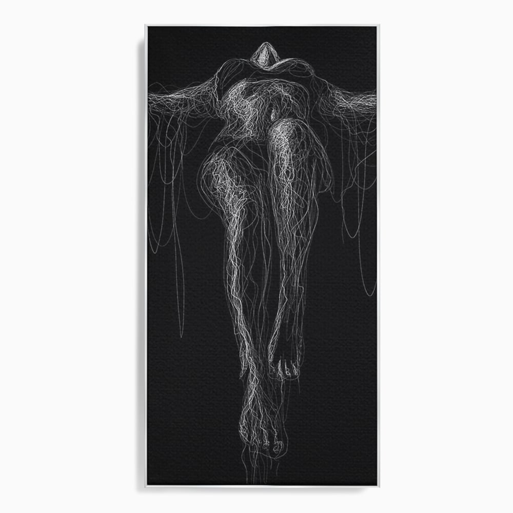 Tablou canvas cu silueta feminina din linii albe pe fond negru, in rama de aluminiu argintiu