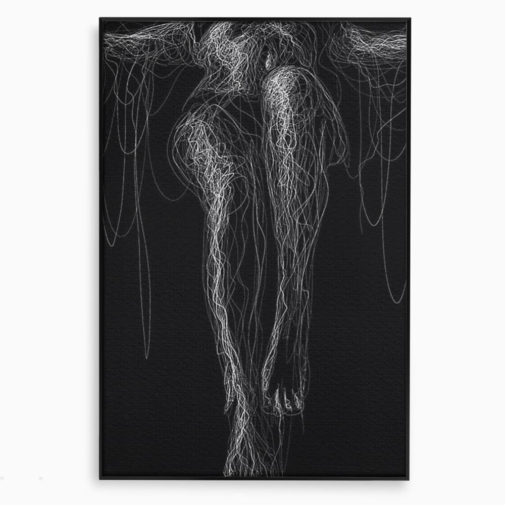 Tablou canvas cu silueta feminina din linii albe pe fond negru, in rama de aluminiu negru
