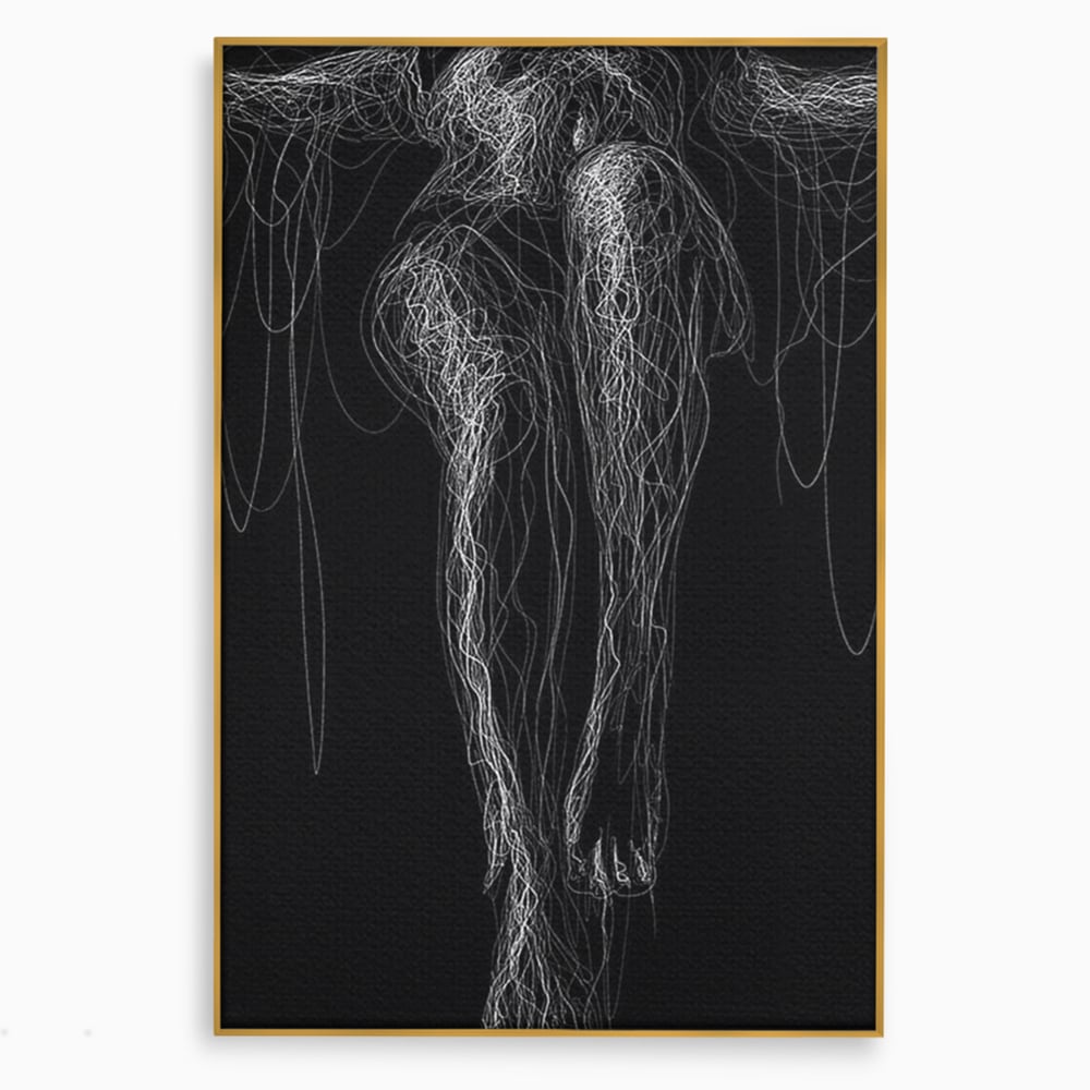 Tablou canvas cu silueta feminina din linii albe pe fond negru, in rama de aluminiu auriu