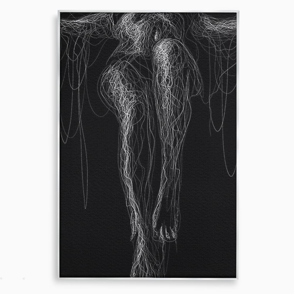 Tablou canvas cu silueta feminina din linii albe pe fond negru, in rama de aluminiu argintiu