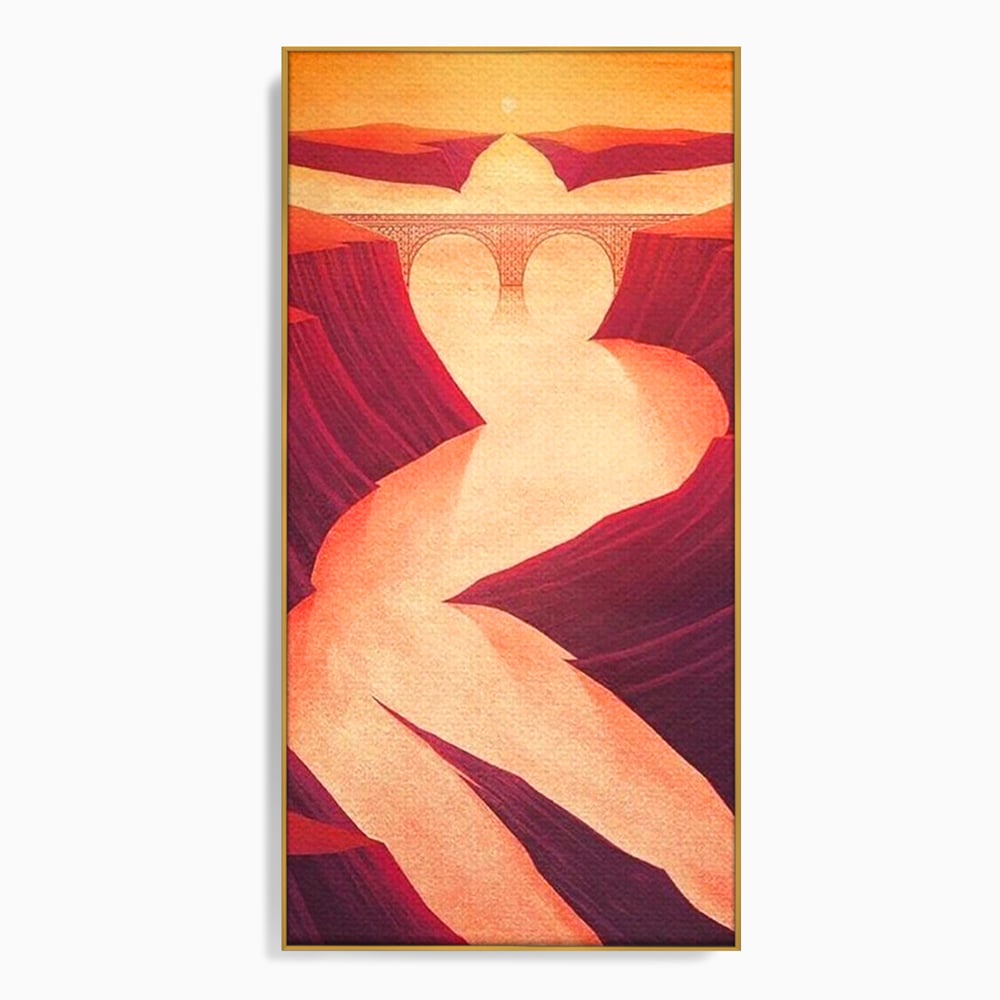 Tablou canvas cu ilustratie cu canion in forma de silueta feminina, in rama de aluminiu auriu