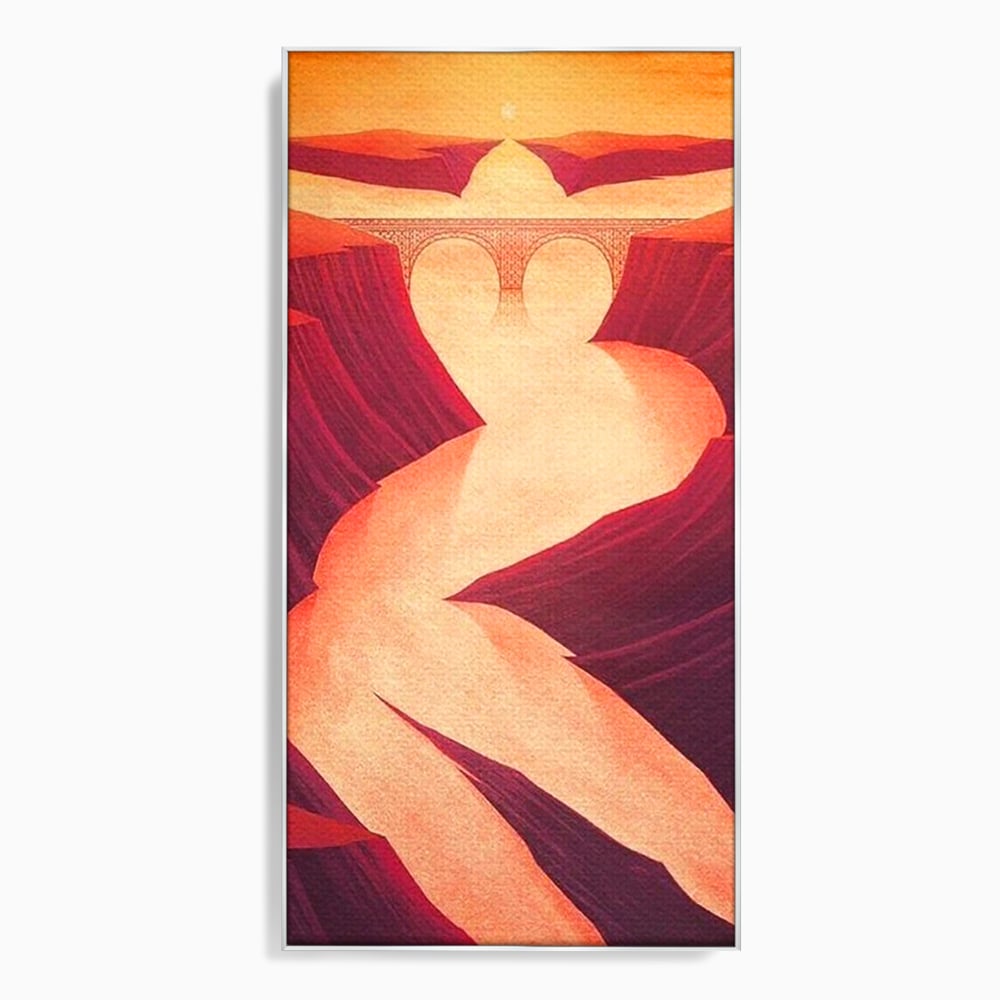 Tablou canvas cu ilustratie cu canion in forma de silueta feminina, in rama de aluminiu argintiu
