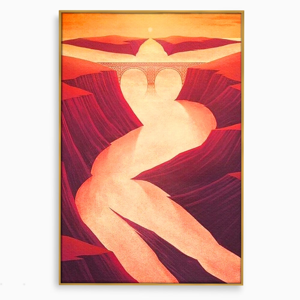Tablou canvas cu ilustratie cu canion in forma de silueta feminina, in rama de aluminiu auriu