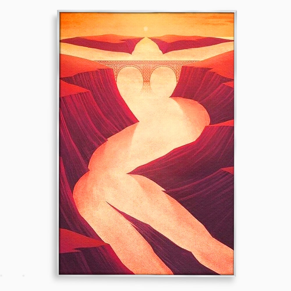 Tablou canvas cu ilustratie cu canion in forma de silueta feminina, in rama de aluminiu argintiu