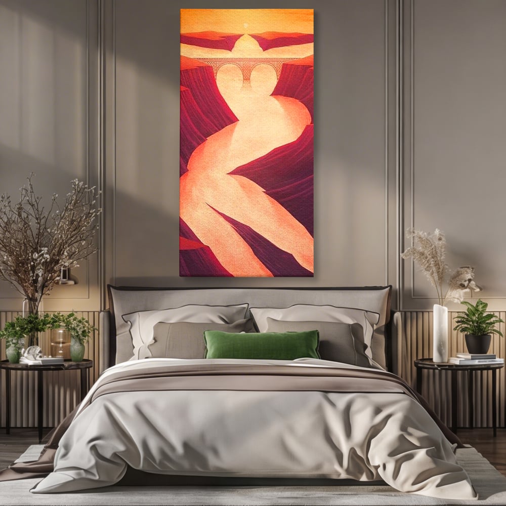 Tablou canvas cu ilustratie cu canion in forma de silueta feminina, fara rama, pe sasiu de lemn, pe perete intr-un dormitor