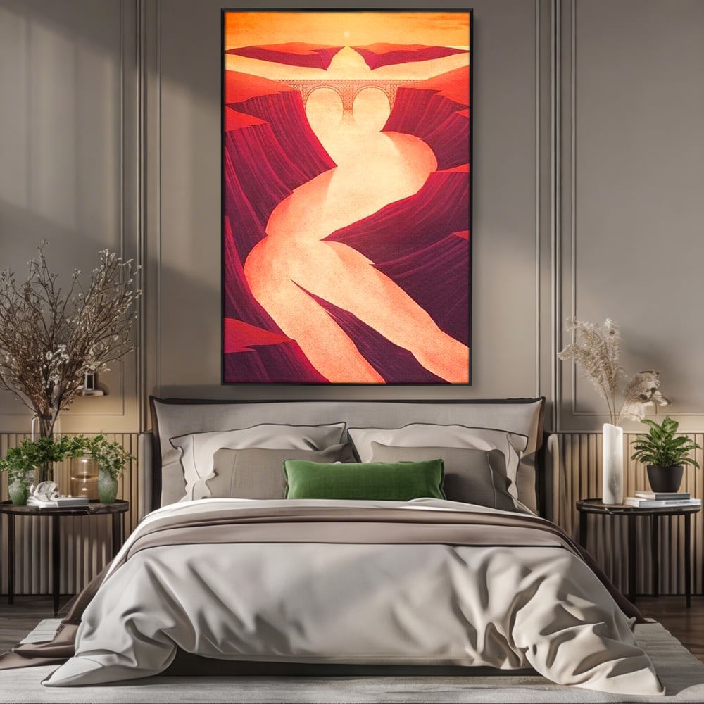 Tablou canvas cu ilustratie cu canion in forma de silueta feminina, in rama de aluminiu negru, pe perete intr-un dormitor