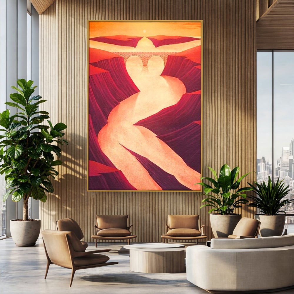Tablou canvas cu ilustratie cu canion in forma de silueta feminina, in rama de aluminiu auriu, pe perete intr-un birou