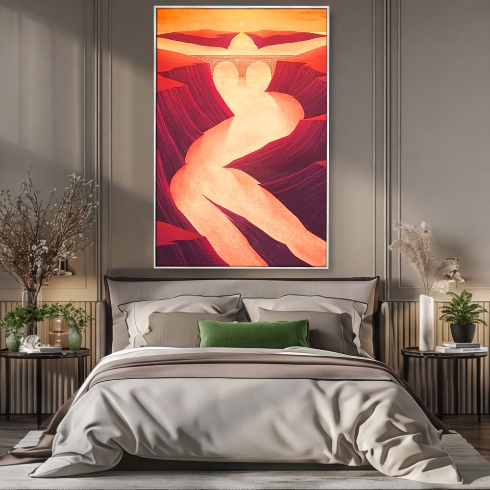 Tablou canvas cu ilustratie cu canion in forma de silueta feminina, in rama de aluminiu argintiu, pe perete intr-un dormitor