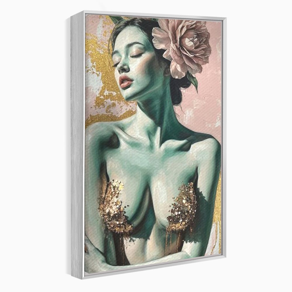 Tablou canvas cu tablou canvas cu femeie si flori roz, in rama de aluminiu argintiu