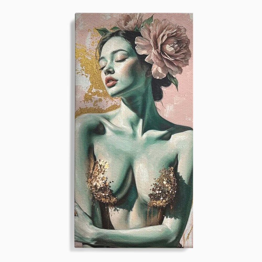 Tablou canvas cu tablou canvas cu femeie si flori roz, fara rama, pe sasiu de lemn