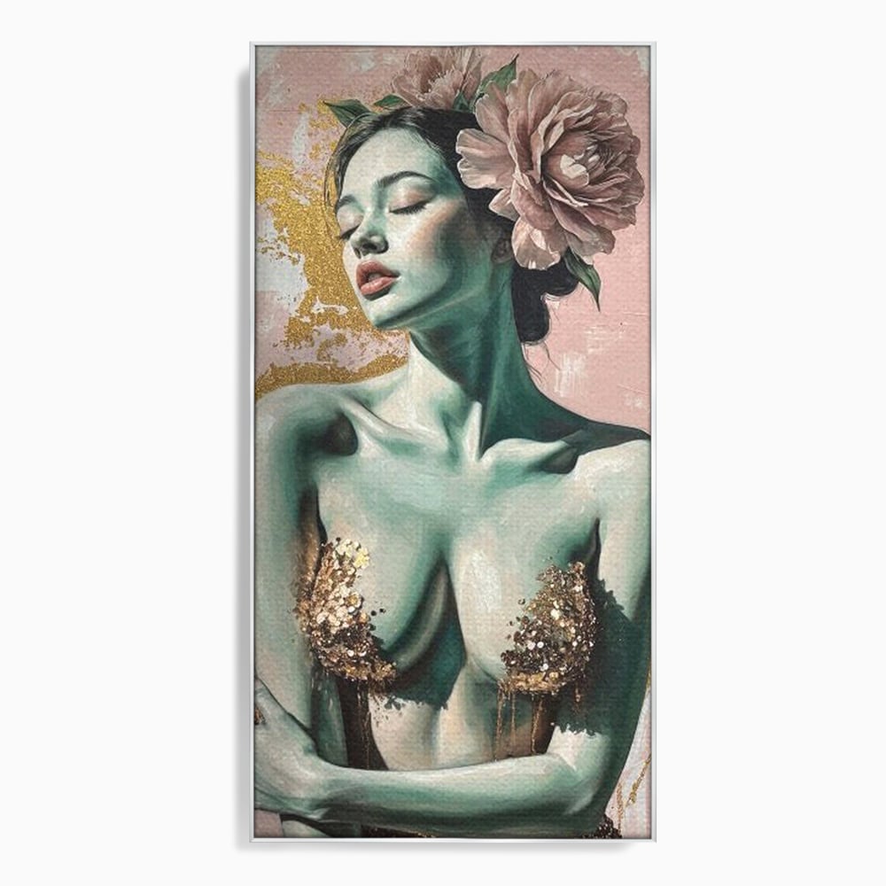 Tablou canvas cu tablou canvas cu femeie si flori roz, in rama de aluminiu argintiu