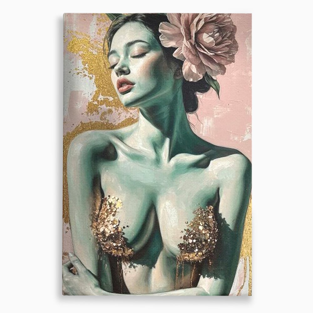 Tablou canvas cu tablou canvas cu femeie si flori roz, fara rama, pe sasiu de lemn