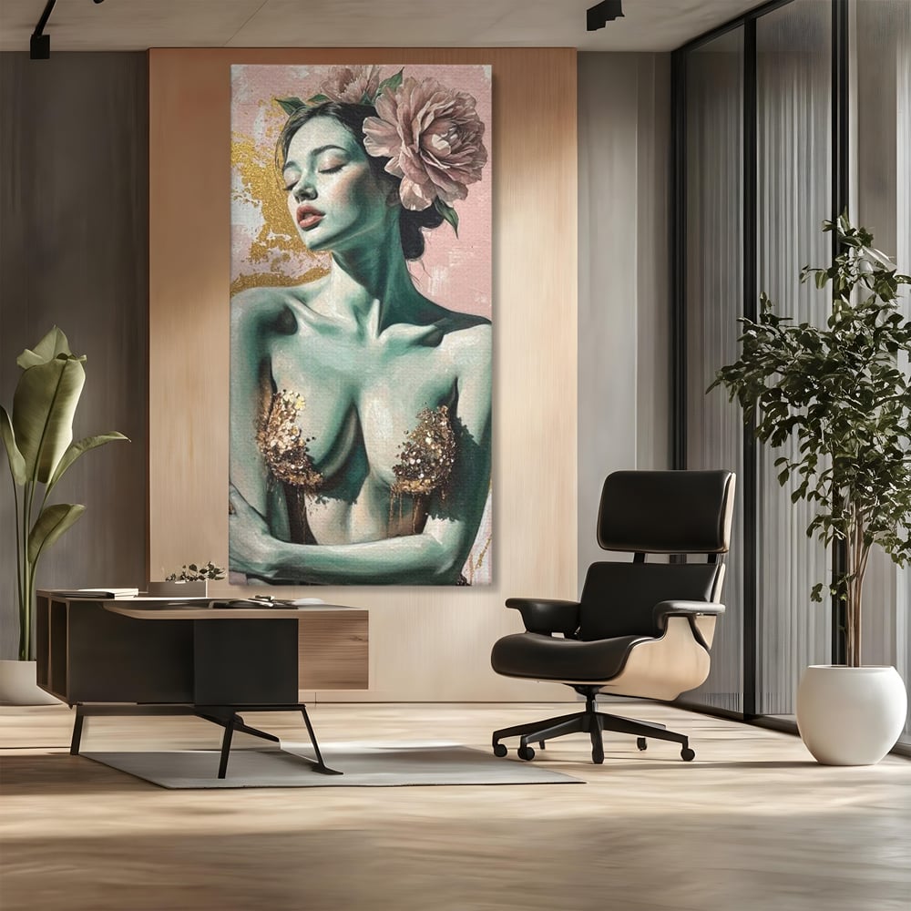 Tablou canvas cu tablou canvas cu femeie si flori roz, fara rama, pe sasiu de lemn, pe perete intr-un birou
