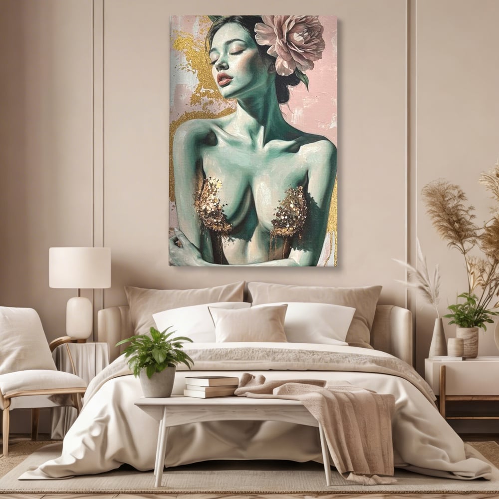Tablou canvas cu tablou canvas cu femeie si flori roz, fara rama, pe sasiu de lemn, pe perete intr-un dormitor