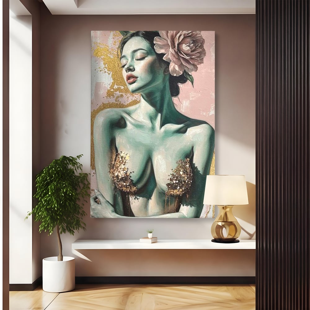 Tablou canvas cu tablou canvas cu femeie si flori roz, fara rama, pe sasiu de lemn