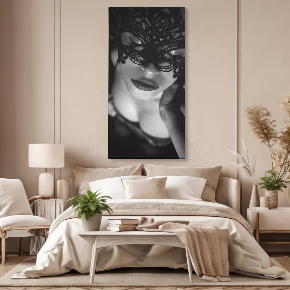 Tablou canvas cu tablou canvas cu femeie purtand masca, fara rama, pe sasiu de lemn, pe perete intr-un dormitor