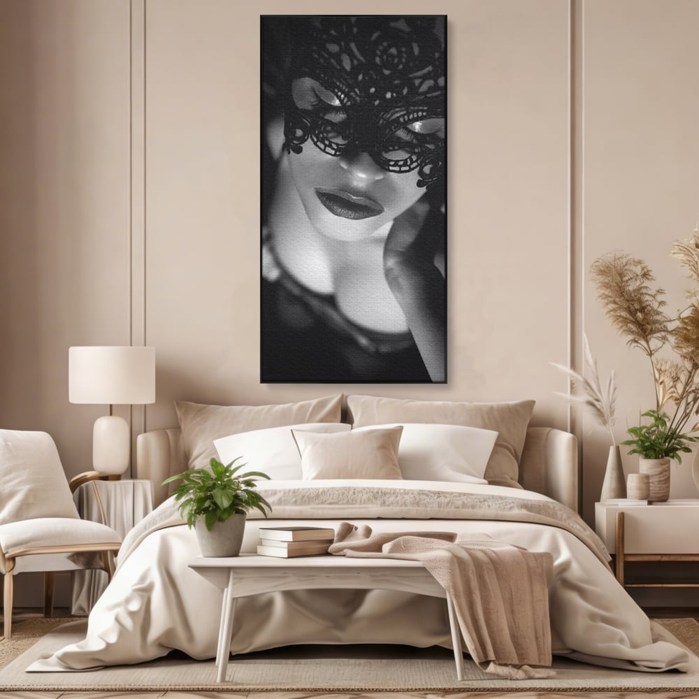 Tablou canvas cu tablou canvas cu femeie purtand masca, in rama de aluminiu negru, pe perete intr-un dormitor