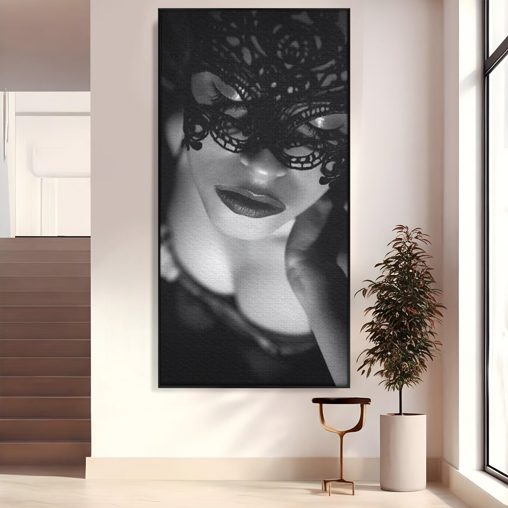 Tablou canvas cu tablou canvas cu femeie purtand masca, in rama de aluminiu negru