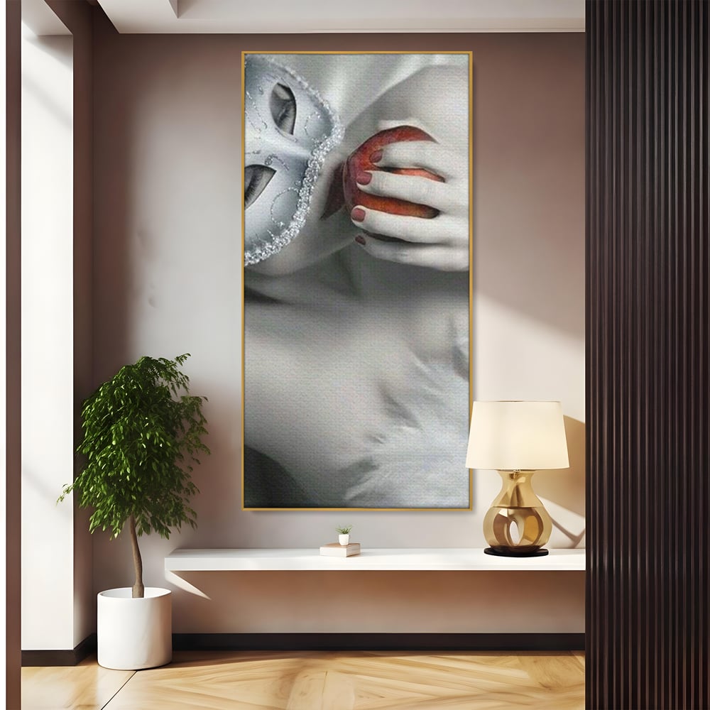 Tablou canvas cu tablou canvas cu masca si mar, in rama de aluminiu auriu