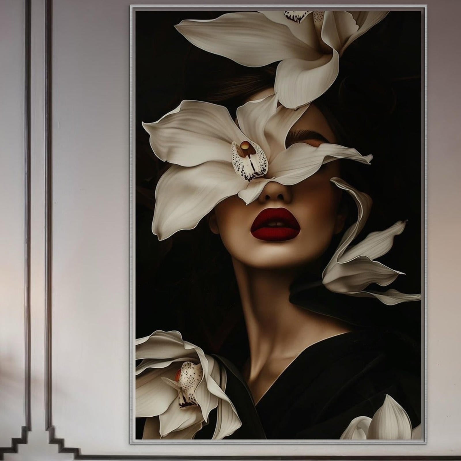 Tablou Canvas Premium, LuxCanva® P1039, Femeia-Orhidee, Inflorire, Petale, Ivoir, Negru, Buze, Rosu, Frumusete, Fashion, Eleganta, Exotism, Luxurios, Enigmatic, Vis, Living, Dormitor