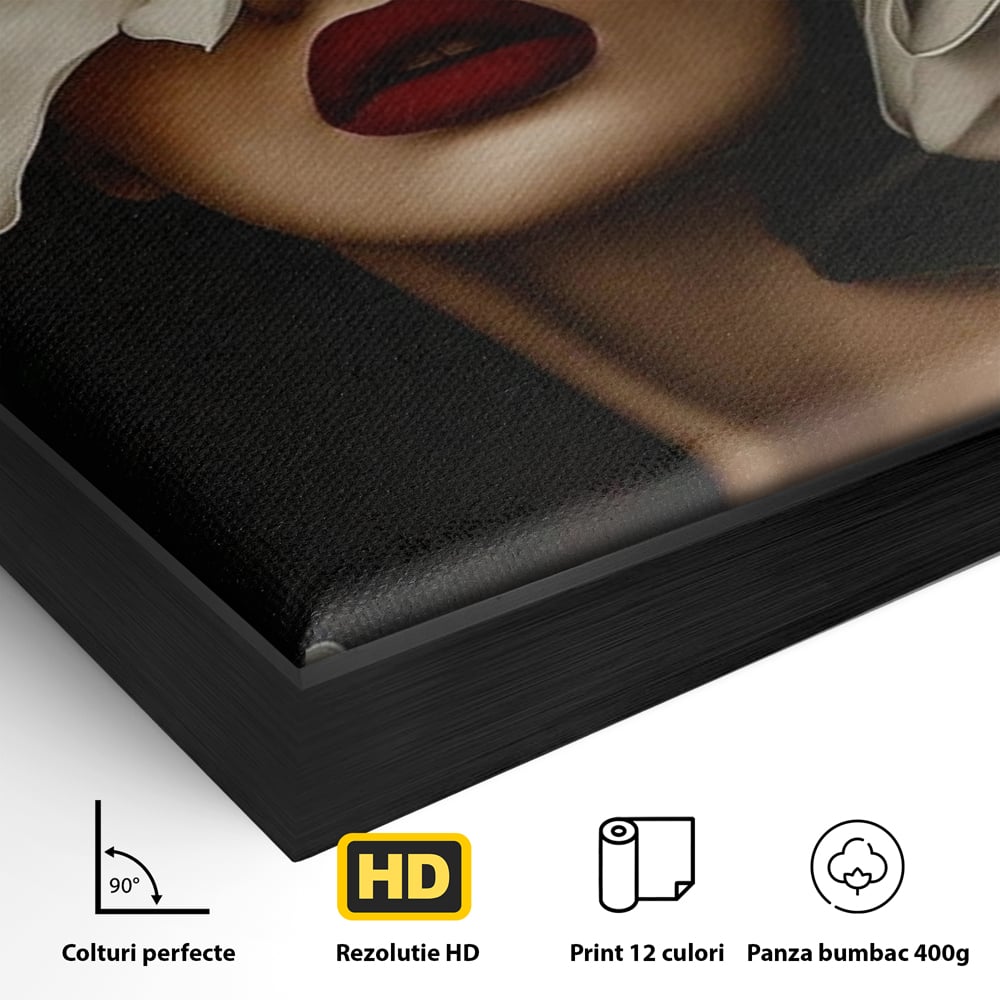 Detaliu al suprafetei: tablou canvas cu femeie si orhidee, in rama de aluminiu negru