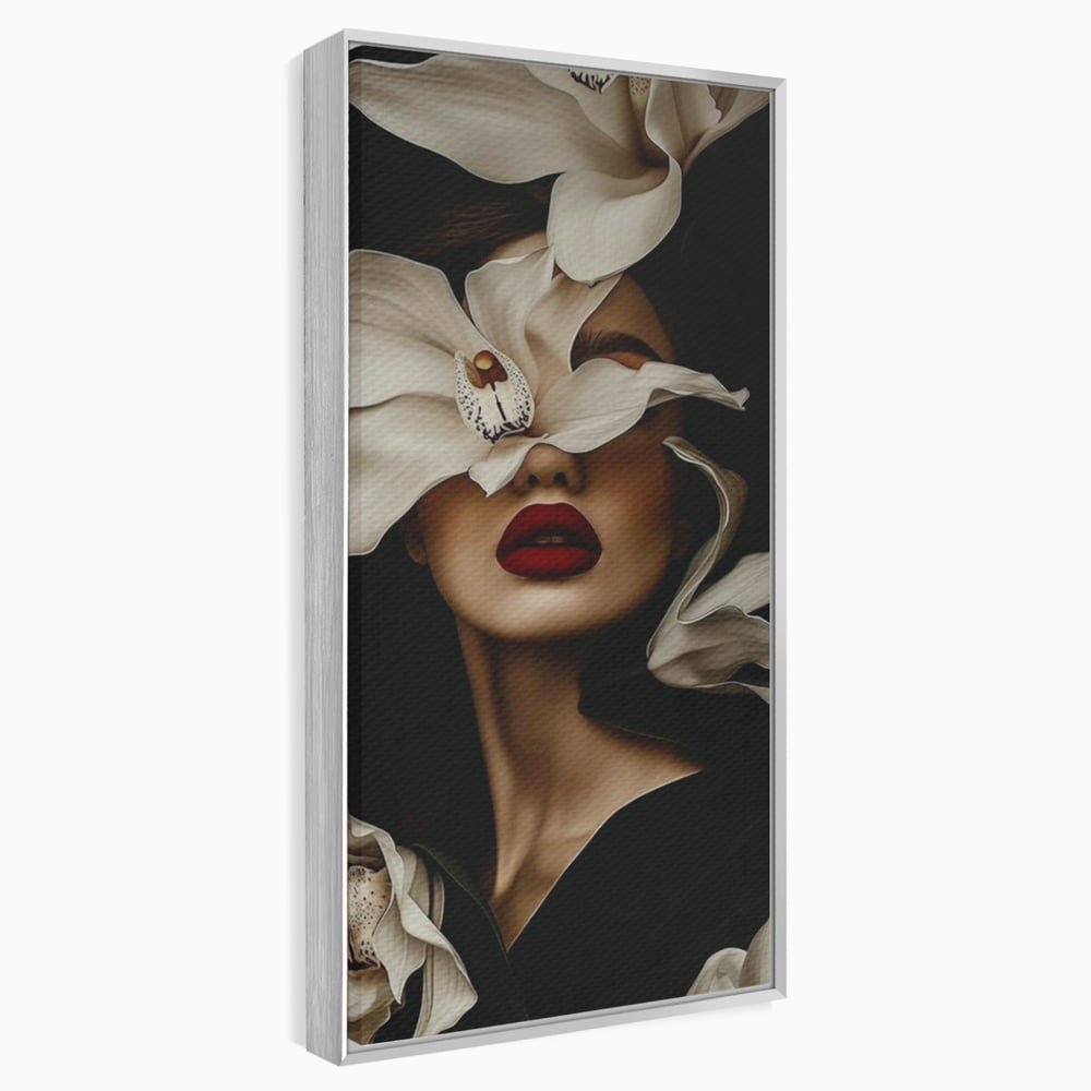 Tablou canvas cu tablou canvas cu femeie si orhidee, in rama de aluminiu argintiu
