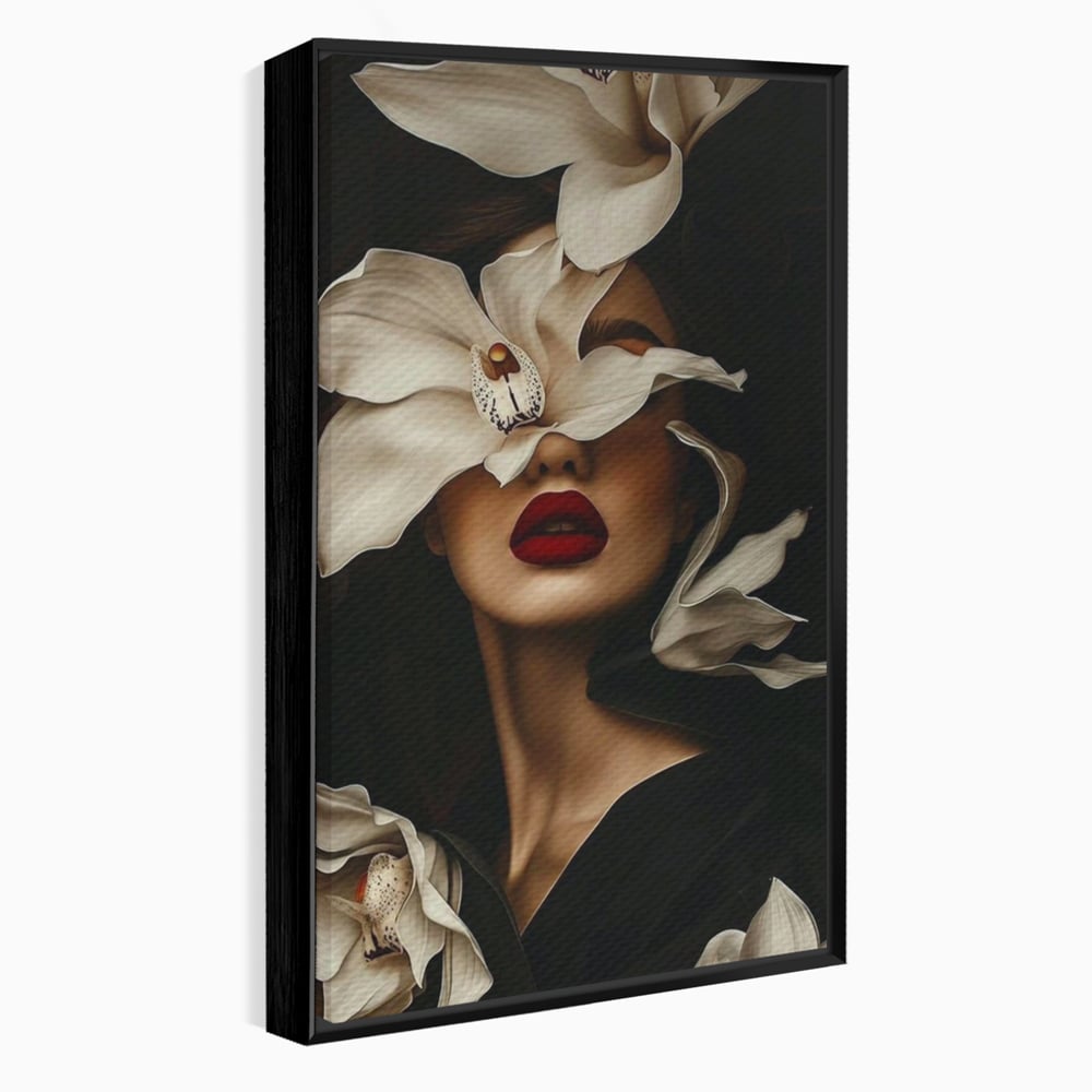 Tablou canvas cu tablou canvas cu femeie si orhidee, in rama de aluminiu negru