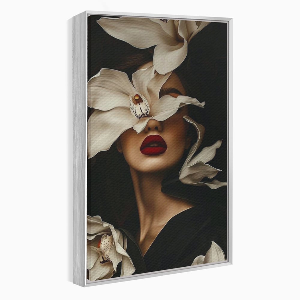 Tablou canvas cu tablou canvas cu femeie si orhidee, in rama de aluminiu argintiu