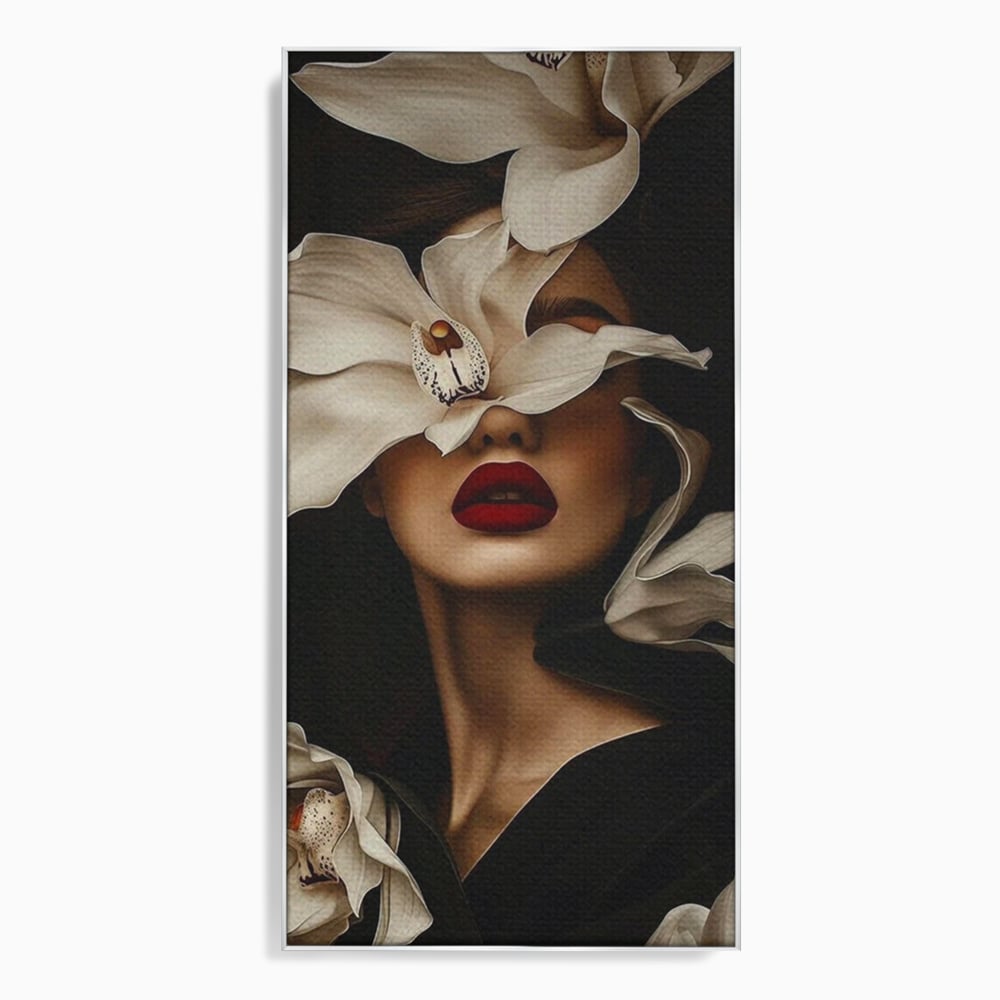Tablou canvas cu tablou canvas cu femeie si orhidee, in rama de aluminiu argintiu