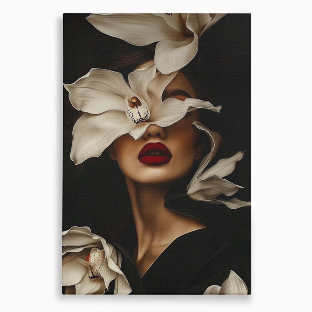 Tablou canvas cu tablou canvas cu femeie si orhidee, fara rama, pe sasiu de lemn
