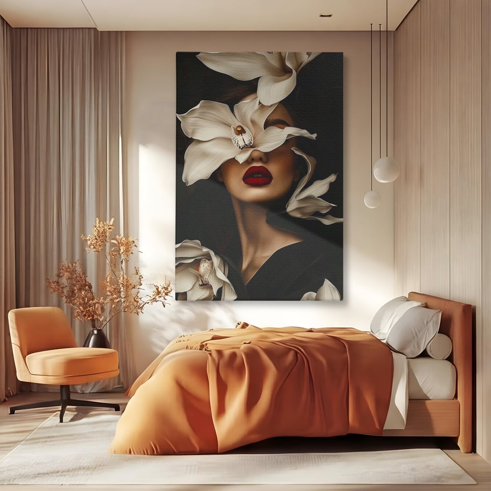 Tablou canvas cu tablou canvas cu femeie si orhidee, fara rama, pe sasiu de lemn, pe perete intr-un dormitor