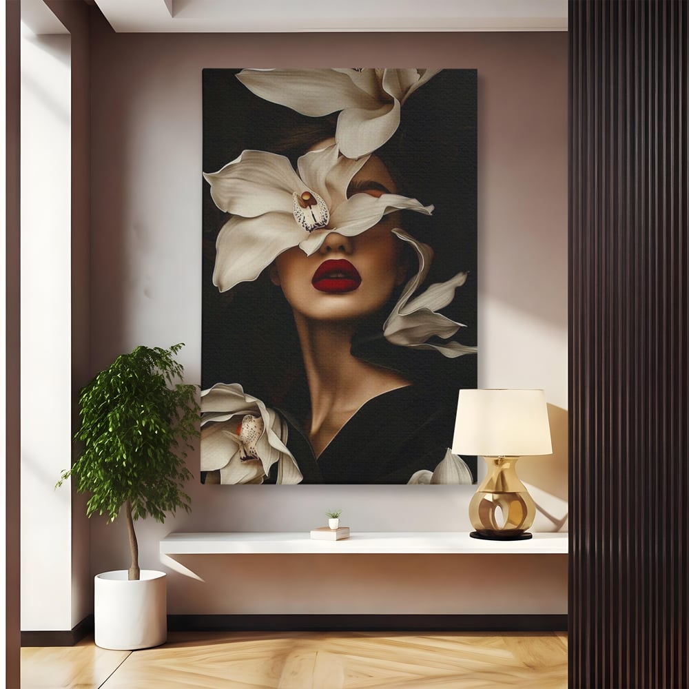 Tablou canvas cu tablou canvas cu femeie si orhidee, fara rama, pe sasiu de lemn