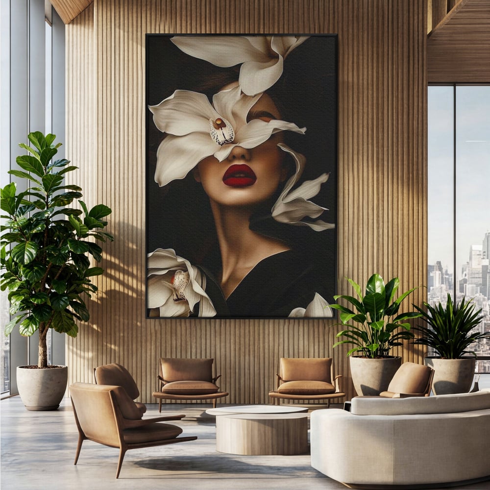 Tablou canvas cu tablou canvas cu femeie si orhidee, in rama de aluminiu negru, pe perete intr-un birou