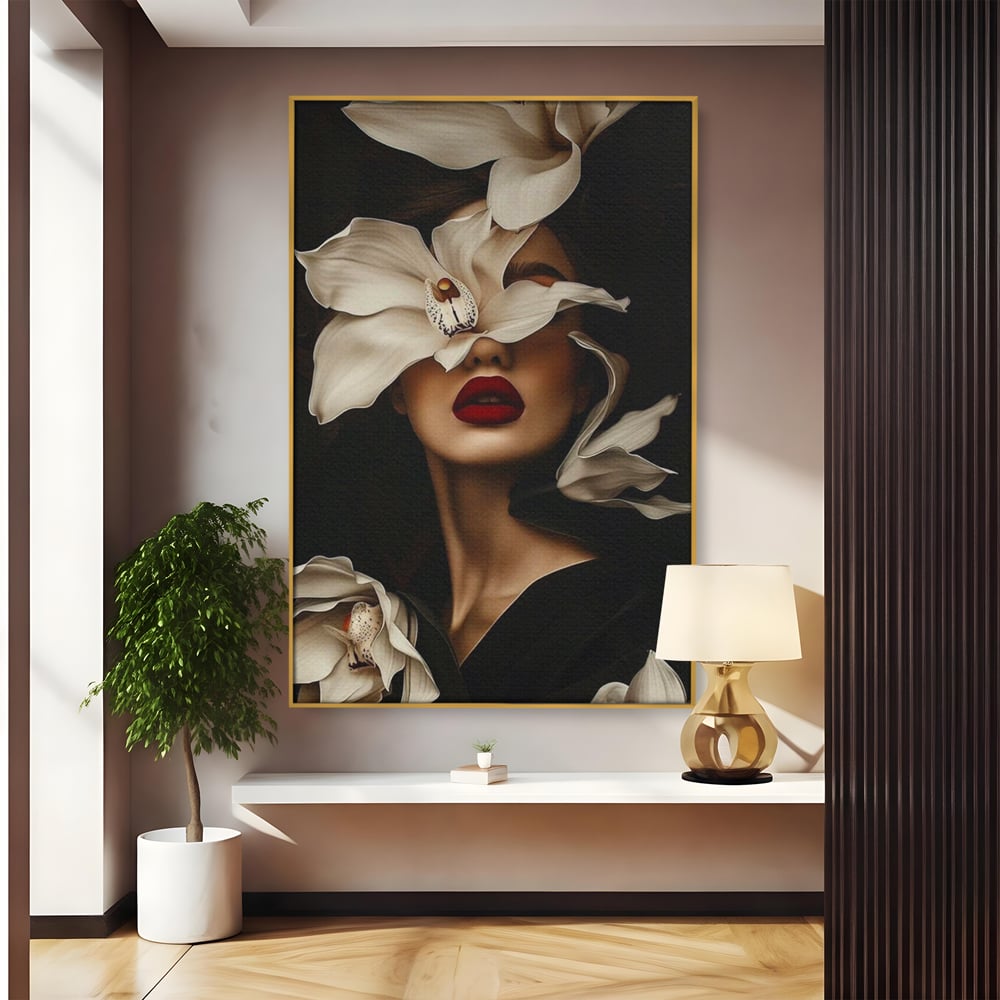 Tablou canvas cu tablou canvas cu femeie si orhidee, in rama de aluminiu auriu
