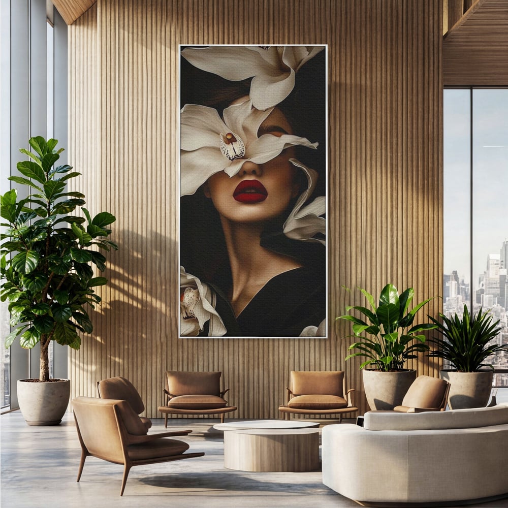 Tablou canvas cu tablou canvas cu femeie si orhidee, in rama de aluminiu argintiu, pe perete intr-un birou