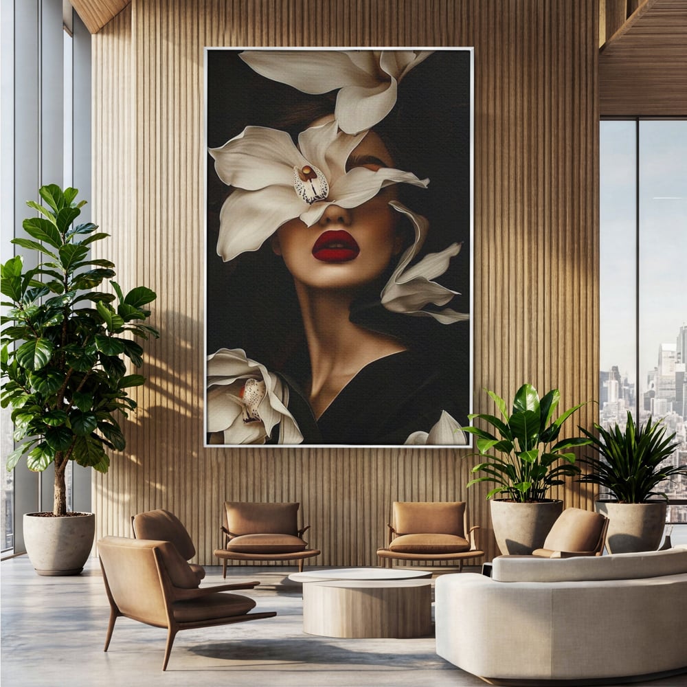 Tablou canvas cu tablou canvas cu femeie si orhidee, in rama de aluminiu argintiu, pe perete intr-un birou