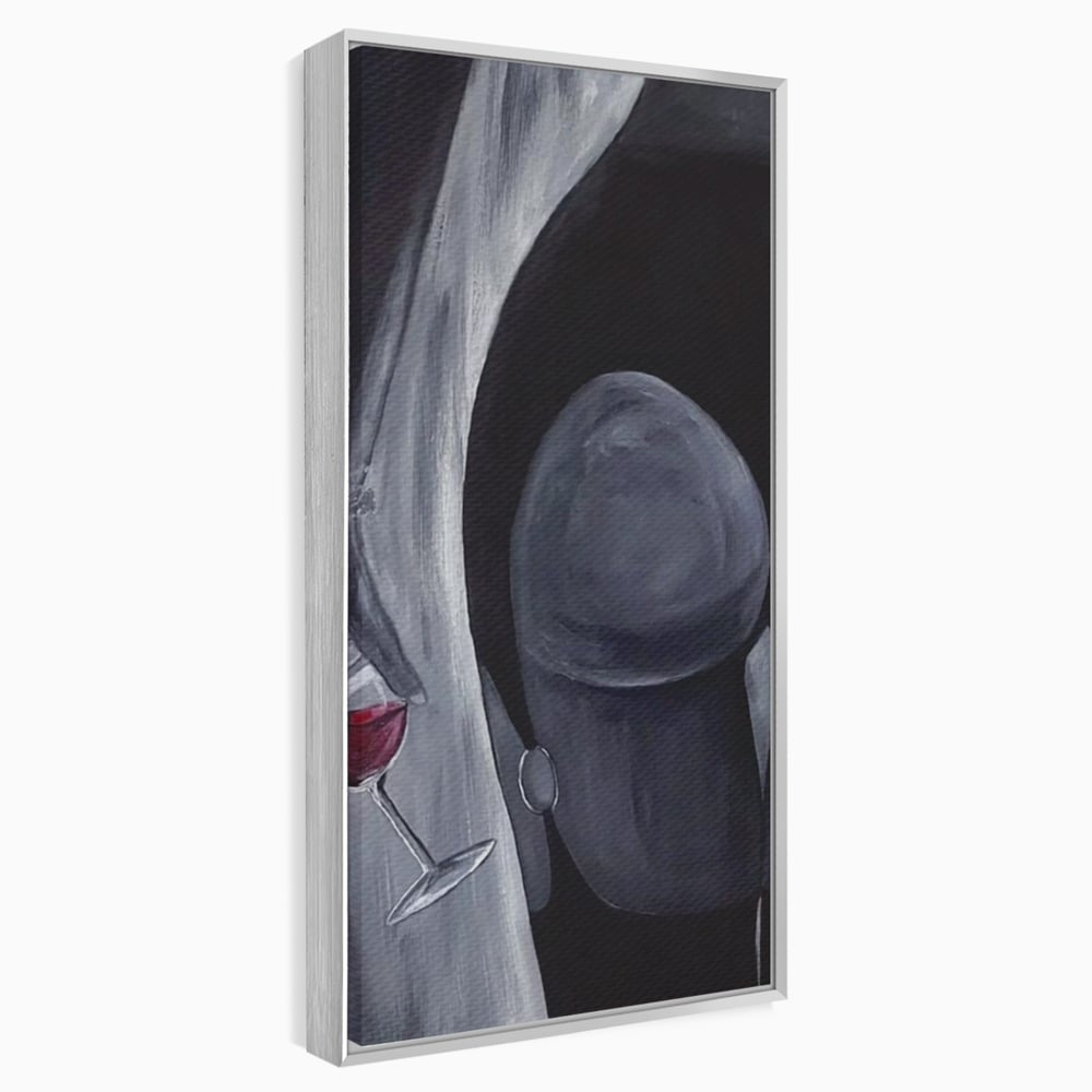 Tablou canvas cu pictura minimalista cu femeie si pahar de vin, in rama de aluminiu argintiu