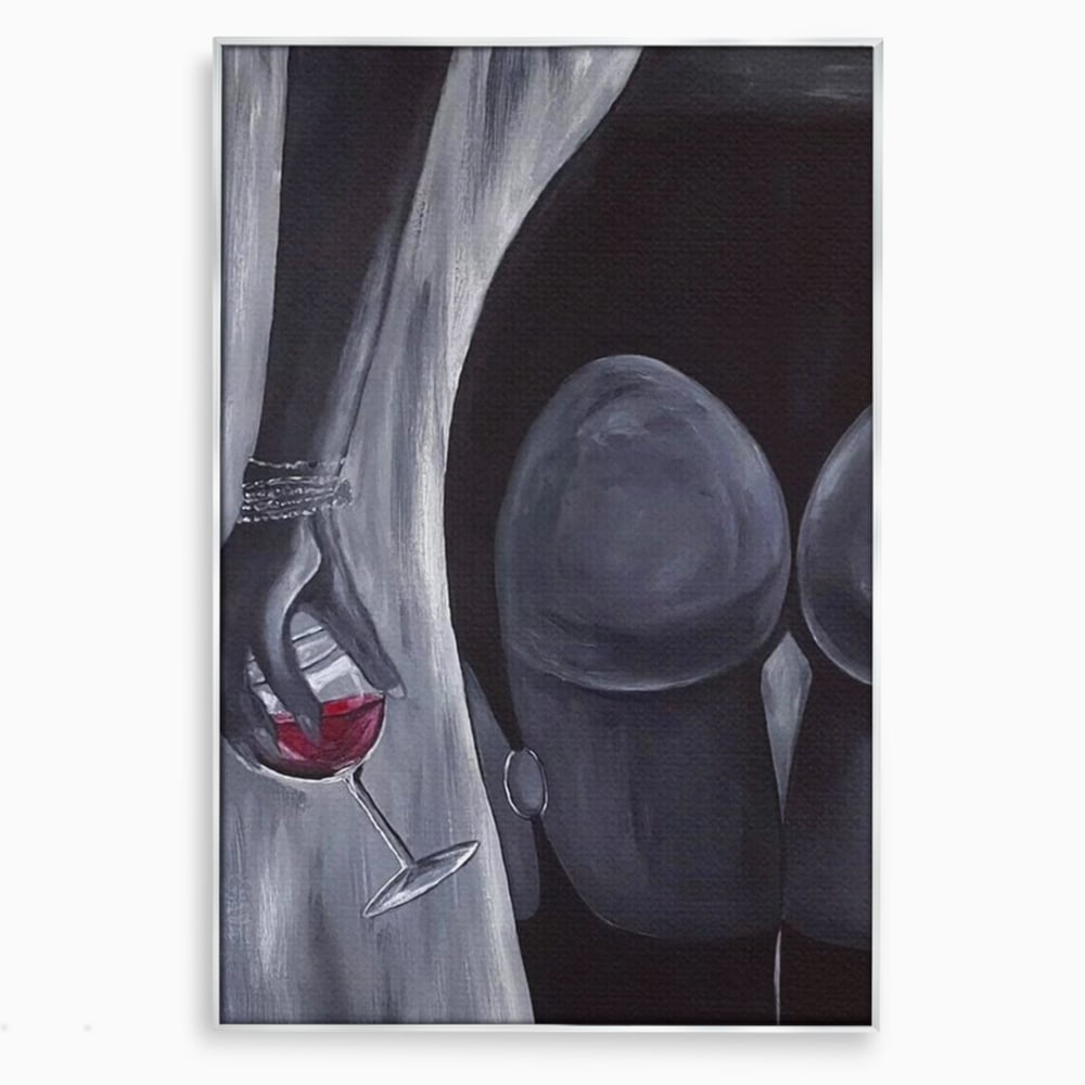 Tablou canvas cu pictura minimalista cu femeie si pahar de vin, in rama de aluminiu argintiu