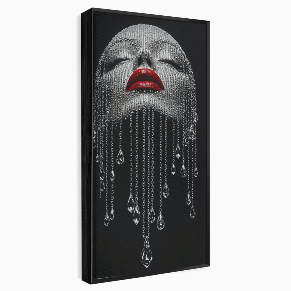 Tablou canvas cu tablou portret femeie cu cristale si buze rosii, in rama de aluminiu negru