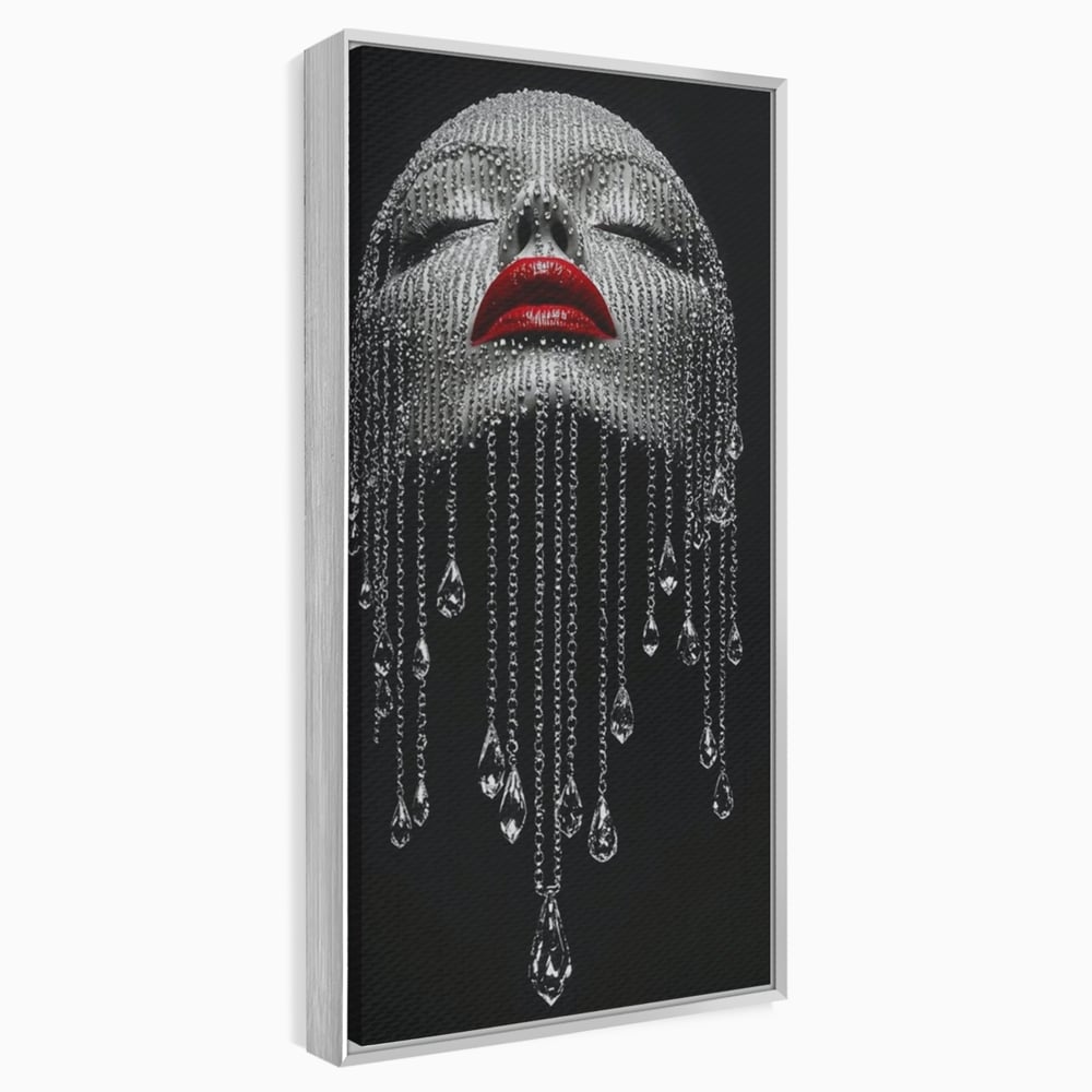 Tablou canvas cu tablou portret femeie cu cristale si buze rosii, in rama de aluminiu argintiu